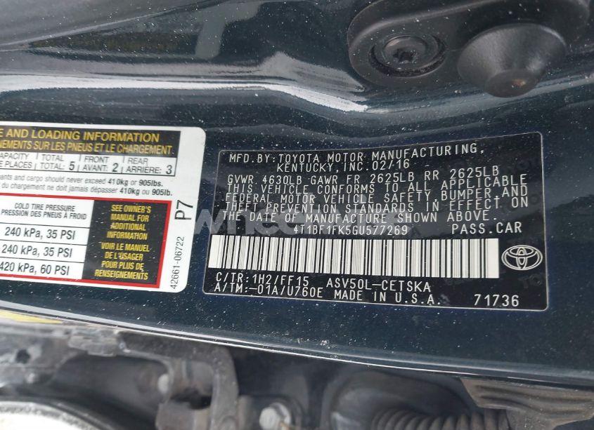 Photo 9 of 2016 Toyota Camry SE (VIN 4T1BF1FK5GU577269)