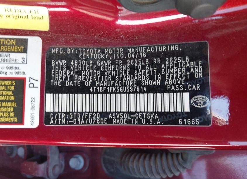 Photo 9 of 2016 Toyota Camry SE (VIN 4T1BF1FK5GU597814)