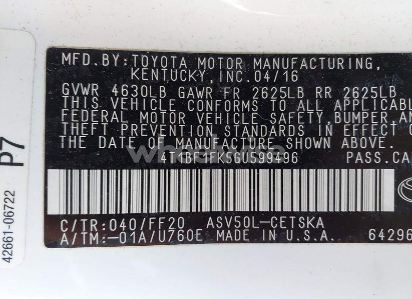 Photo 9 of 2016 Toyota Camry SE (VIN 4T1BF1FK5GU599496)