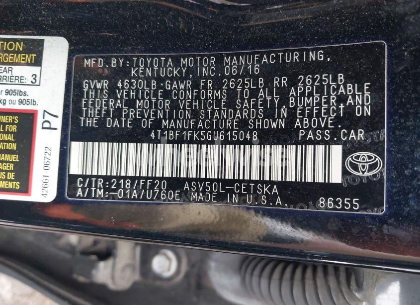 Photo 9 of 2016 Toyota Camry SE (VIN 4T1BF1FK5GU615048)