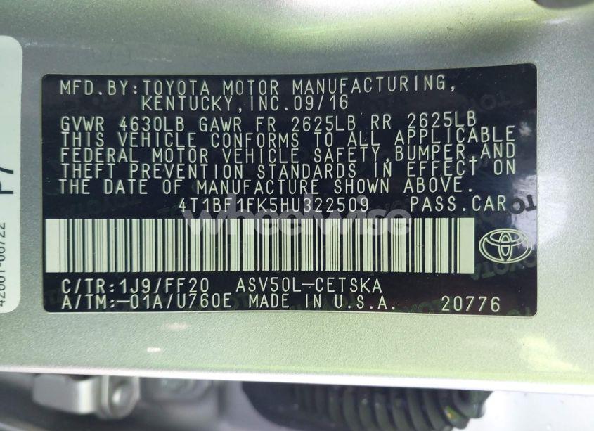 Photo 9 of 2017 Toyota Camry SE (VIN 4T1BF1FK5HU322509)
