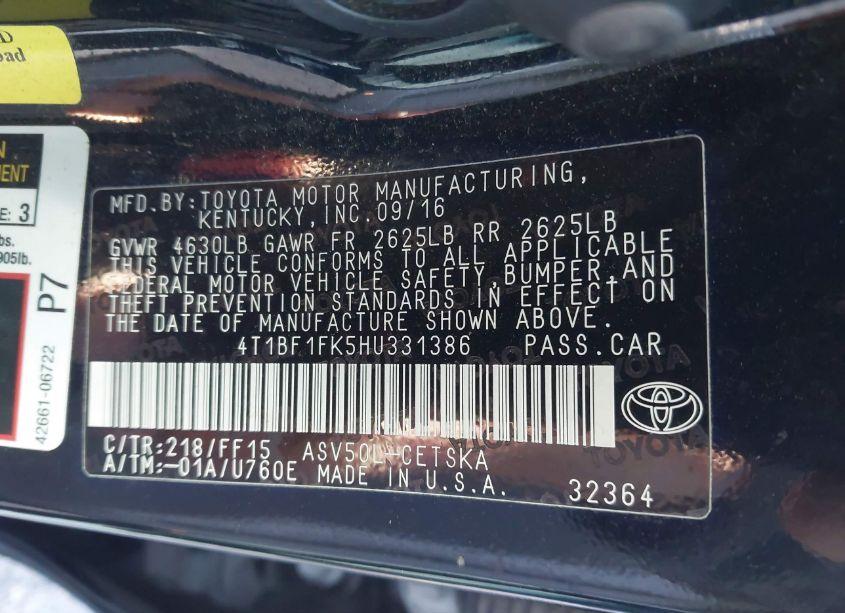 Photo 9 of 2017 Toyota Camry SE (VIN 4T1BF1FK5HU331386)