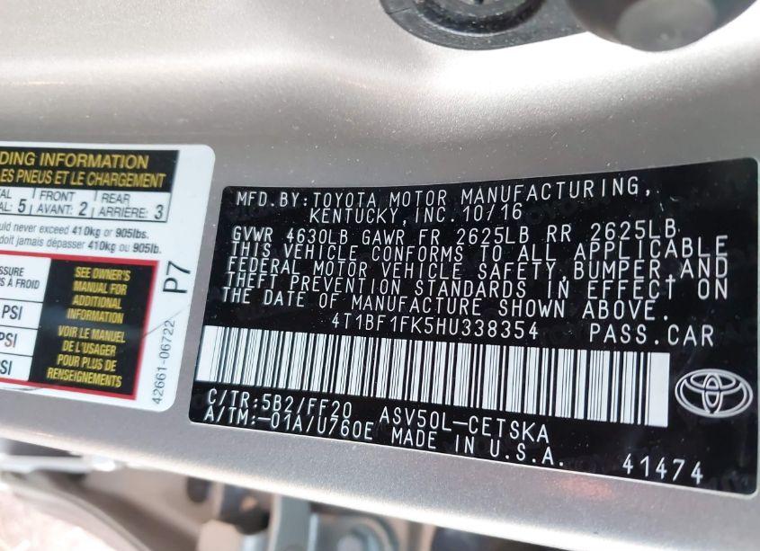 Photo 9 of 2017 Toyota Camry SE (VIN 4T1BF1FK5HU338354)