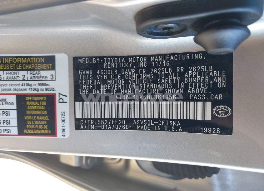 Photo 9 of 2017 Toyota Camry SE (VIN 4T1BF1FK5HU361956)