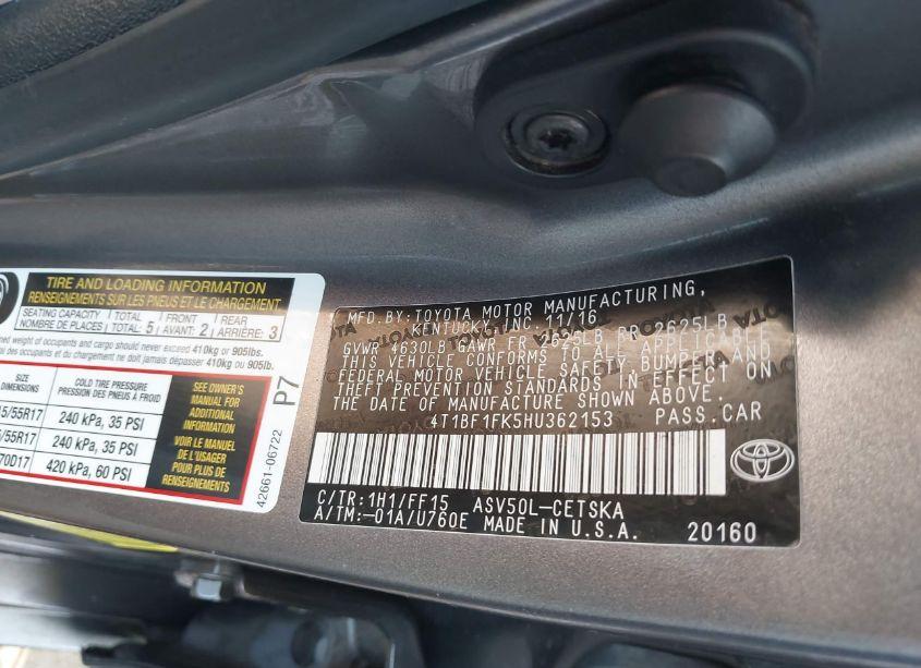 Photo 9 of 2017 Toyota Camry SE (VIN 4T1BF1FK5HU362153)