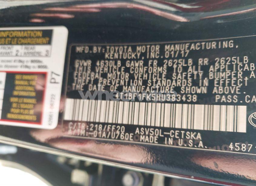 Photo 9 of 2017 Toyota Camry SE (VIN 4T1BF1FK5HU383438)