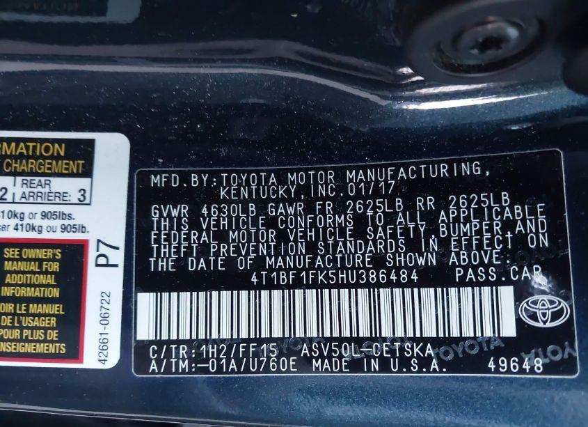 Photo 9 of 2017 Toyota Camry SE (VIN 4T1BF1FK5HU386484)