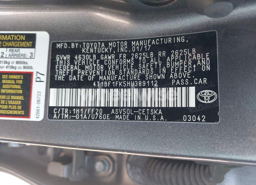 Photo 9 of 2017 Toyota Camry SE (VIN 4T1BF1FK5HU389112)