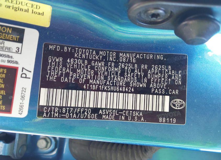 Photo 9 of 2017 Toyota Camry SE (VIN 4T1BF1FK5HU648424)