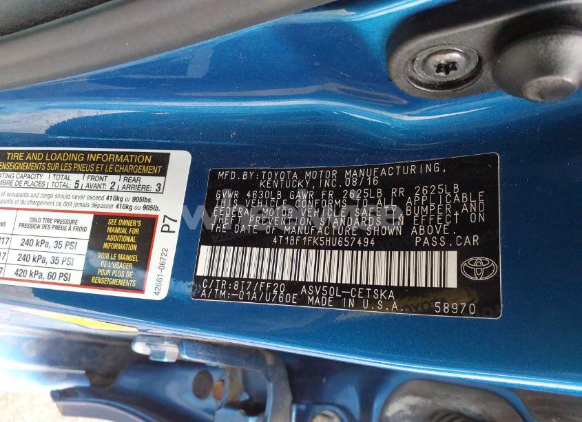 Photo 9 of 2017 Toyota Camry SE (VIN 4T1BF1FK5HU657494)