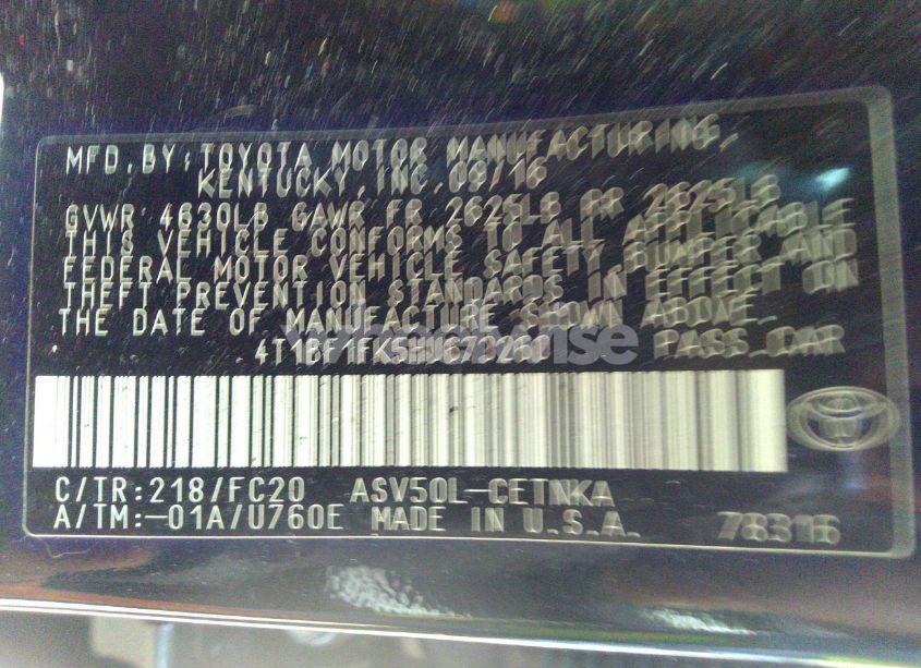 Photo 9 of 2017 Toyota Camry LE (VIN 4T1BF1FK5HU673260)