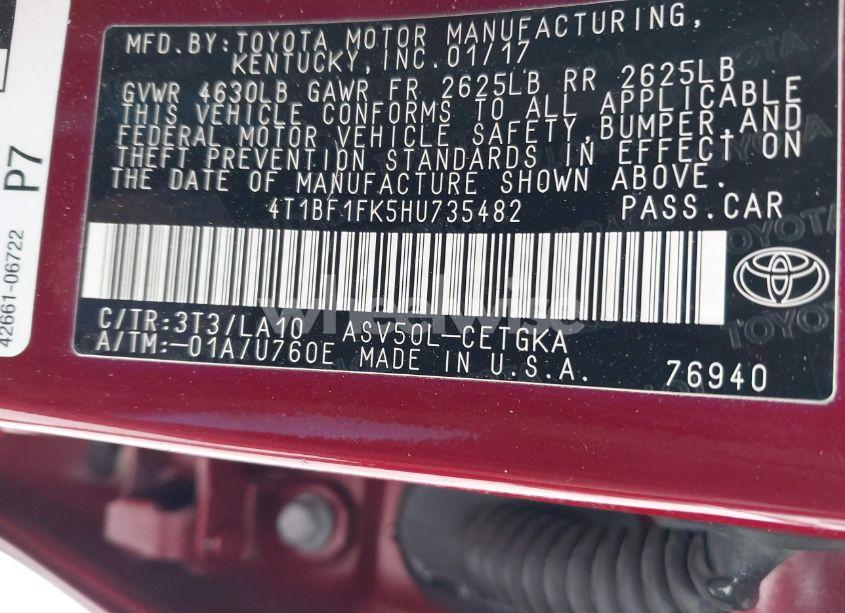 Photo 9 of 2017 Toyota Camry XLE (VIN 4T1BF1FK5HU735482)