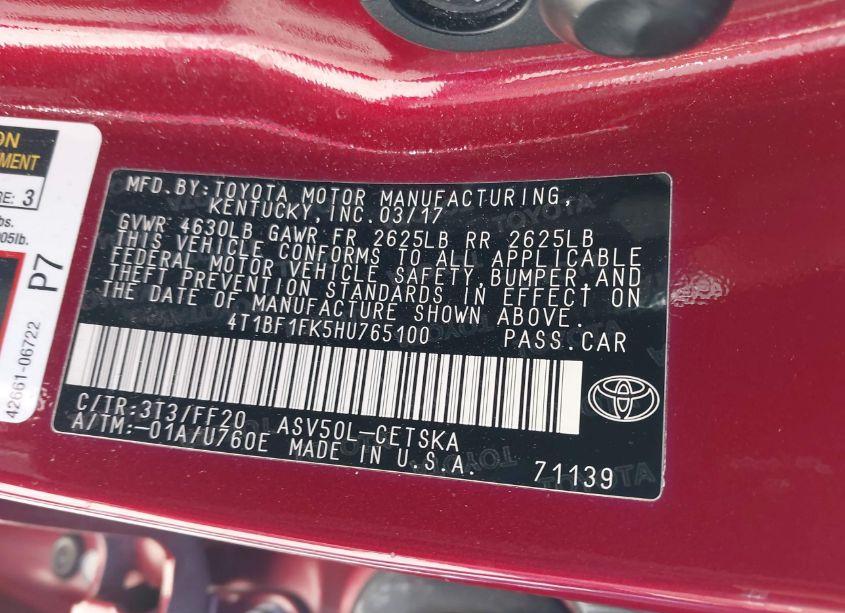 Photo 9 of 2017 Toyota Camry SE (VIN 4T1BF1FK5HU765100)