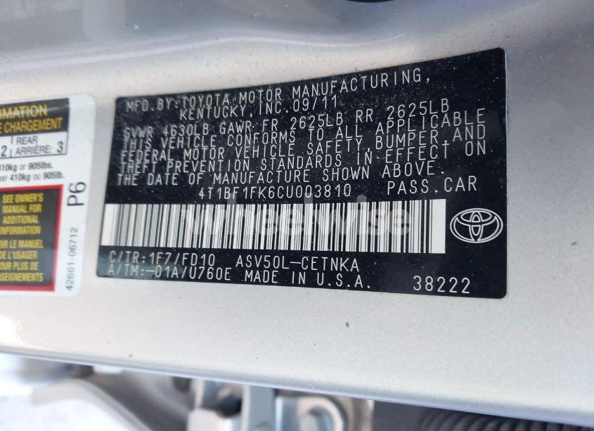 Photo 9 of 2012 Toyota Camry LE (VIN 4T1BF1FK6CU003810)