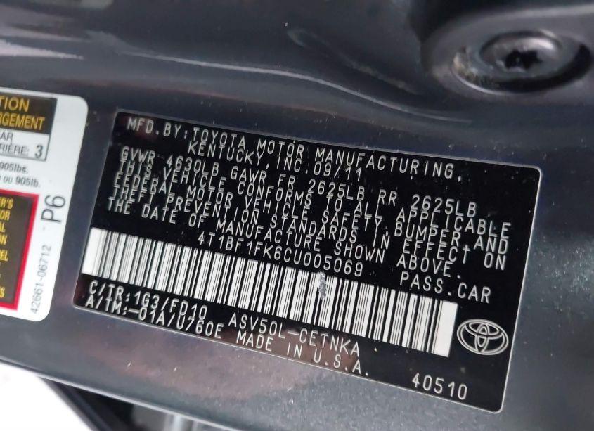 Photo 9 of 2012 Toyota Camry LE (VIN 4T1BF1FK6CU005069)