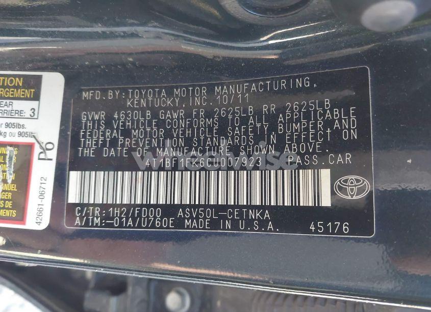 Photo 9 of 2012 Toyota Camry LE (VIN 4T1BF1FK6CU007923)