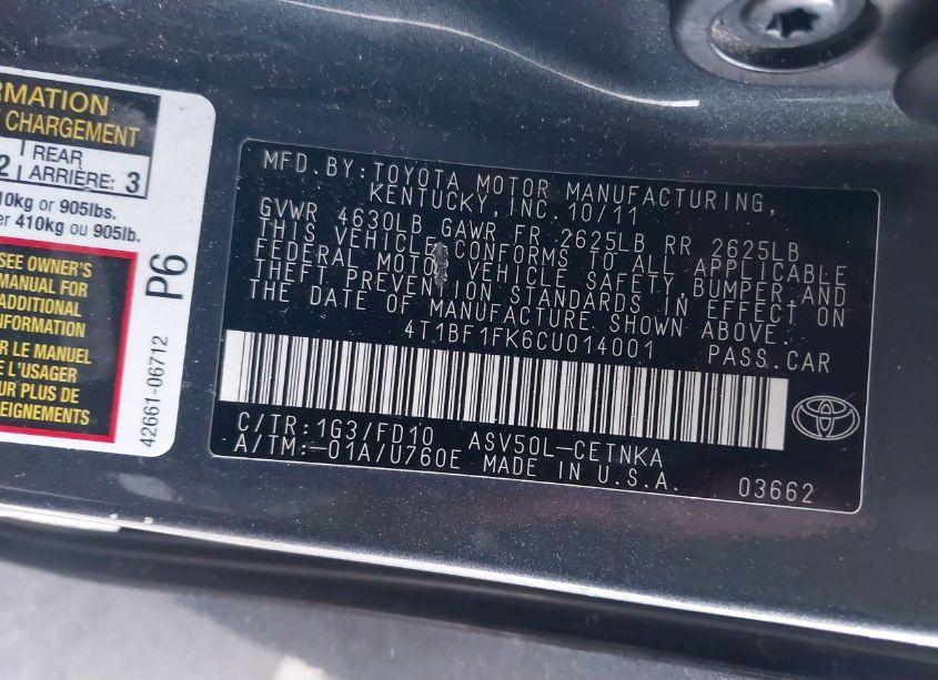 Photo 9 of 2012 Toyota Camry LE (VIN 4T1BF1FK6CU014001)