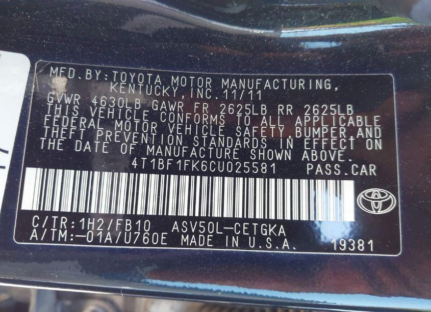 Photo 9 of 2012 Toyota Camry XLE (VIN 4T1BF1FK6CU025581)
