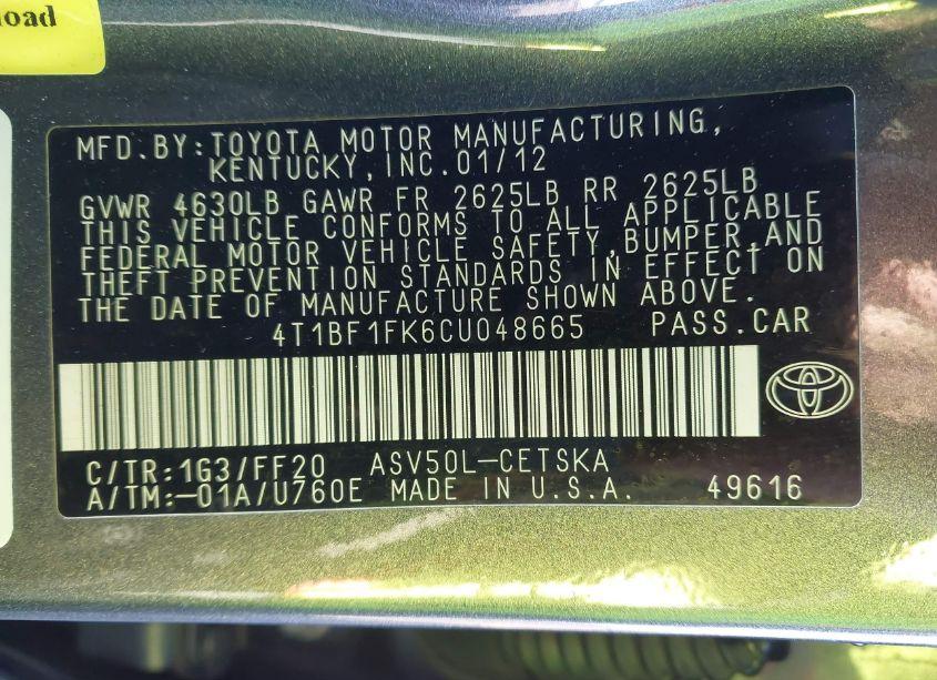 Photo 9 of 2012 Toyota Camry SE (VIN 4T1BF1FK6CU048665)