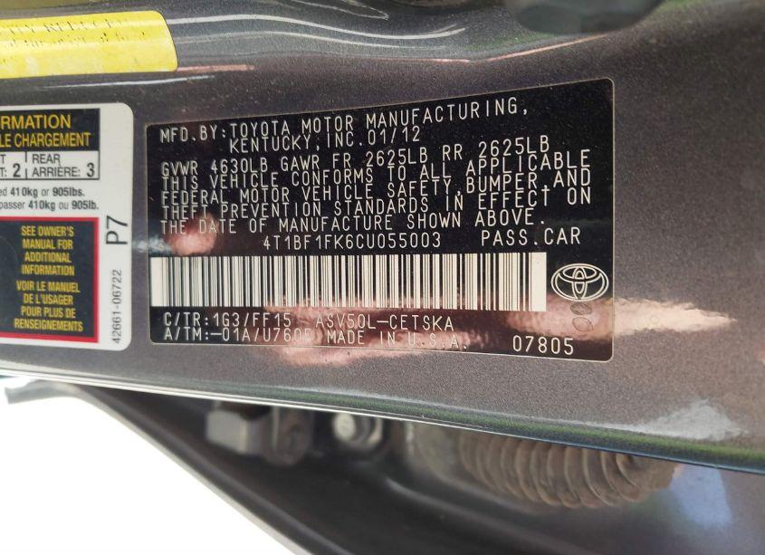 Photo 9 of 2012 Toyota Camry SE (VIN 4T1BF1FK6CU055003)