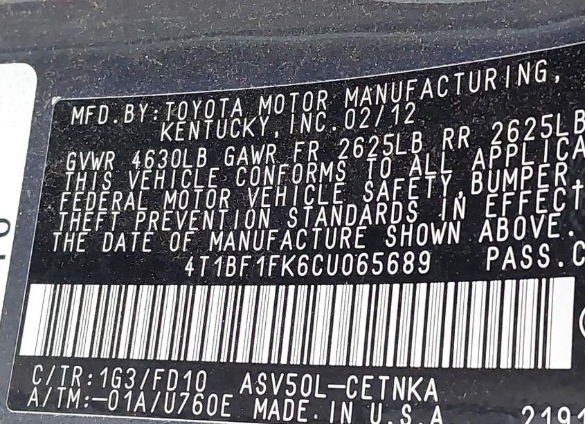 Photo 9 of 2012 Toyota Camry LE (VIN 4T1BF1FK6CU065689)