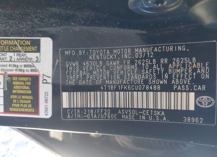 Photo 9 of 2012 Toyota Camry SE (VIN 4T1BF1FK6CU078488)