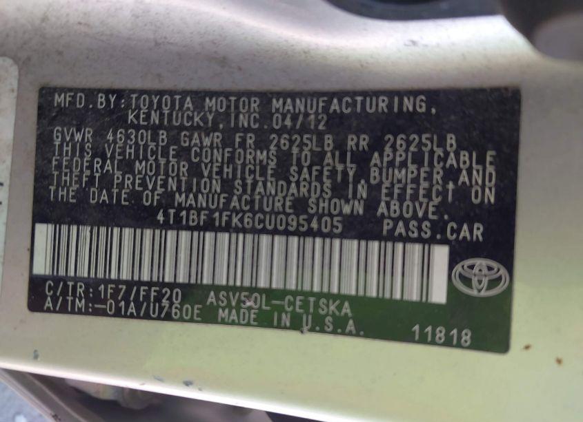Photo 9 of 2012 Toyota Camry SE (VIN 4T1BF1FK6CU095405)