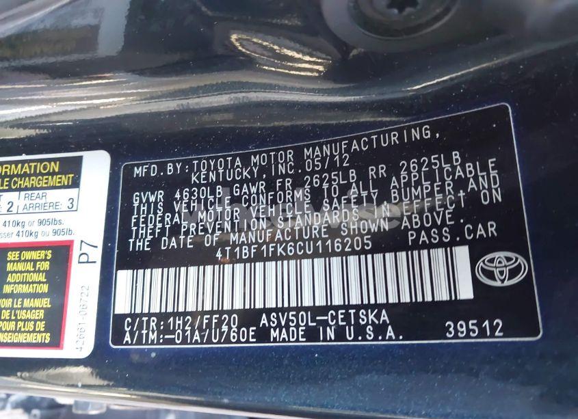 Photo 9 of 2012 Toyota Camry SE (VIN 4T1BF1FK6CU116205)