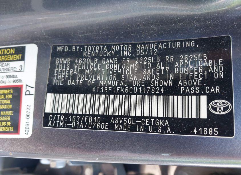 Photo 9 of 2012 Toyota Camry XLE (VIN 4T1BF1FK6CU117824)