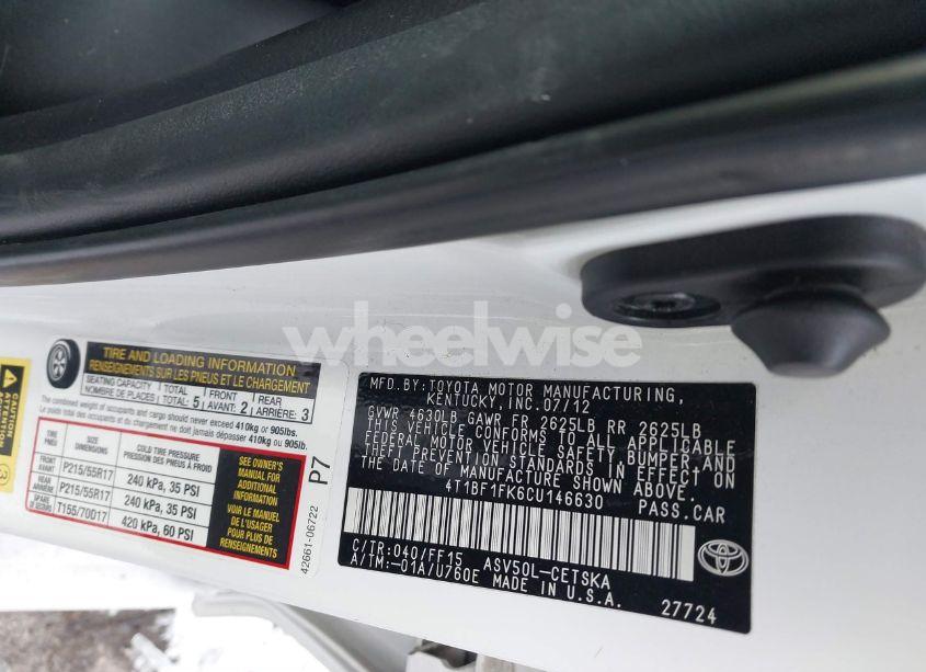Photo 9 of 2012 Toyota Camry SE (VIN 4T1BF1FK6CU146630)