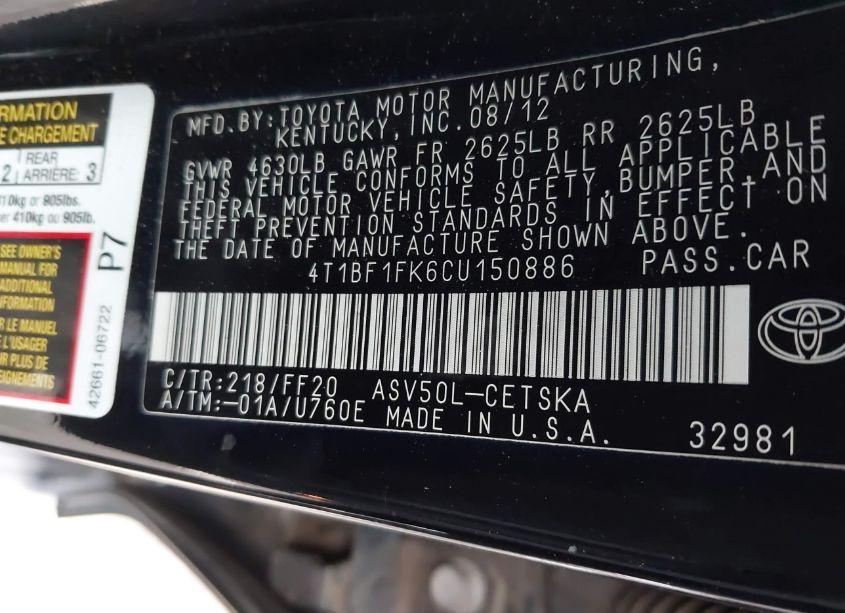 Photo 9 of 2012 Toyota Camry SE (VIN 4T1BF1FK6CU150886)