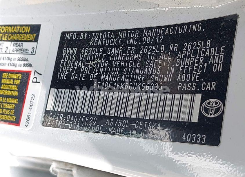 Photo 9 of 2012 Toyota Camry SE (VIN 4T1BF1FK6CU156333)