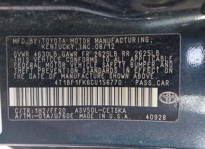 Photo 9 of 2012 Toyota Camry SE (VIN 4T1BF1FK6CU156770)