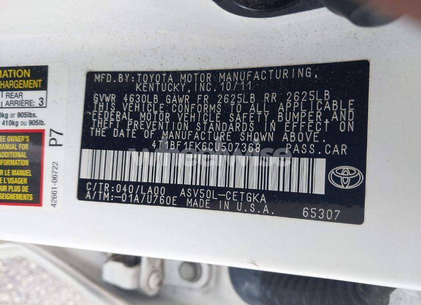 Photo 9 of 2012 Toyota Camry XLE (VIN 4T1BF1FK6CU507368)
