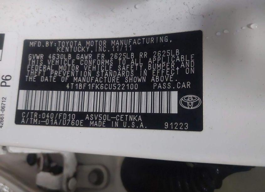 Photo 9 of 2012 Toyota Camry LE (VIN 4T1BF1FK6CU522100)