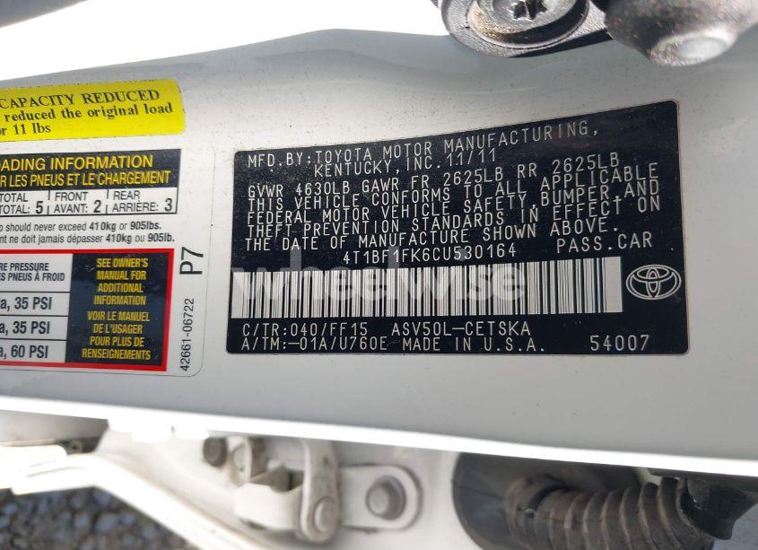 Photo 9 of 2012 Toyota Camry SE (VIN 4T1BF1FK6CU530164)