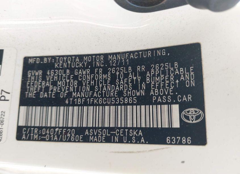 Photo 9 of 2012 Toyota Camry SE (VIN 4T1BF1FK6CU535865)