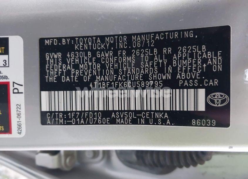 Photo 9 of 2012 Toyota Camry LE (VIN 4T1BF1FK6CU589795)