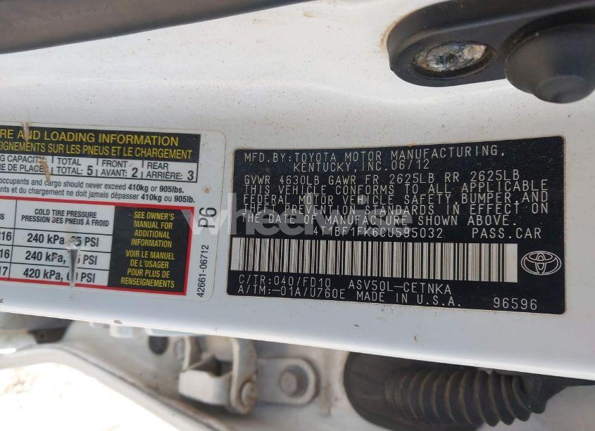 Photo 9 of 2012 Toyota Camry LE (VIN 4T1BF1FK6CU595032)