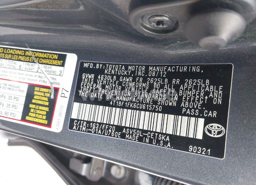 Photo 9 of 2012 Toyota Camry SE (VIN 4T1BF1FK6CU615750)