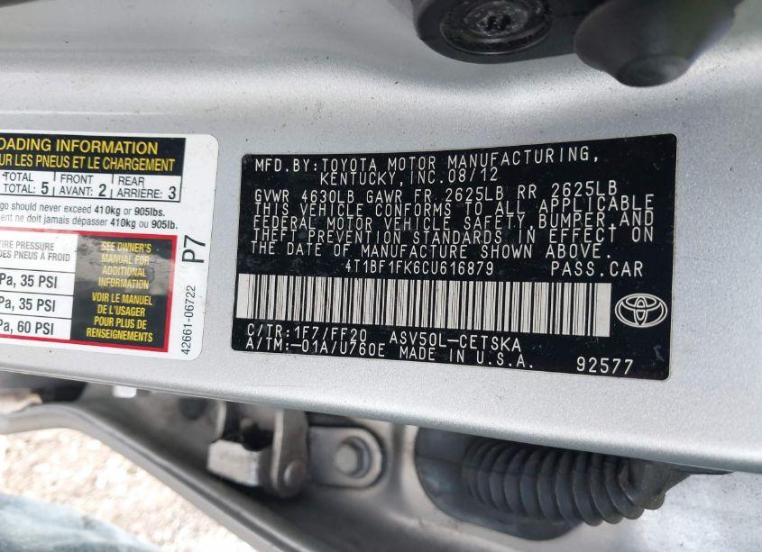 Photo 9 of 2012 Toyota Camry L/LE/SE/SE LIMITED EDITION/XLE (VIN 4T1BF1FK6CU616879)