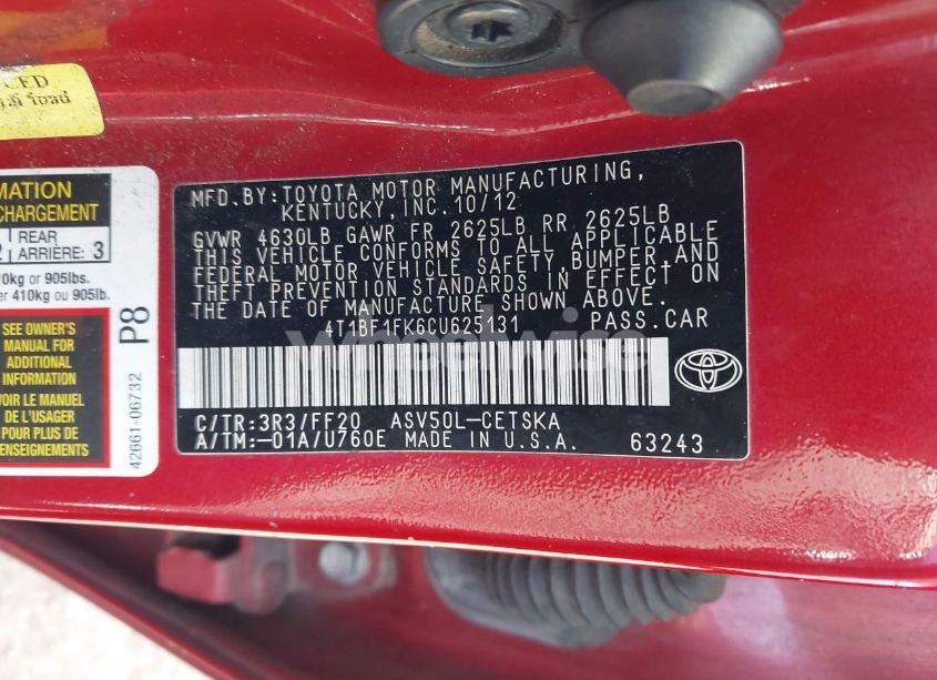 Photo 9 of 2012 Toyota Camry SE LIMITED EDITION (VIN 4T1BF1FK6CU625131)