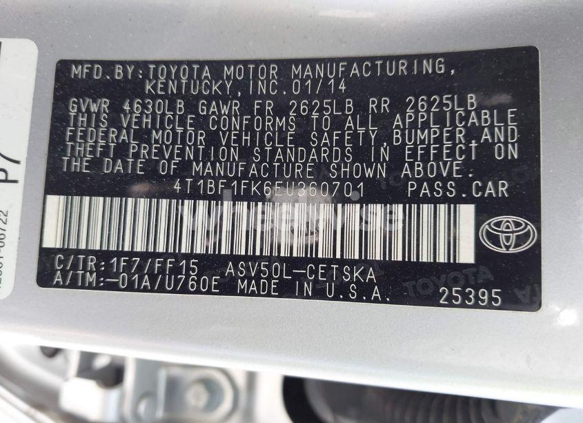 Photo 9 of 2014 Toyota Camry SE (VIN 4T1BF1FK6EU360701)