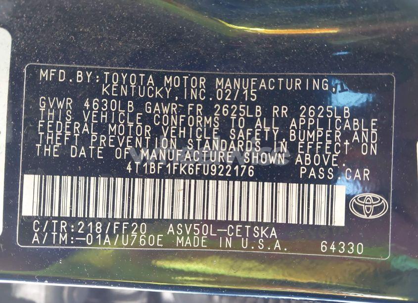 Photo 9 of 2015 Toyota Camry SE (VIN 4T1BF1FK6FU922176)