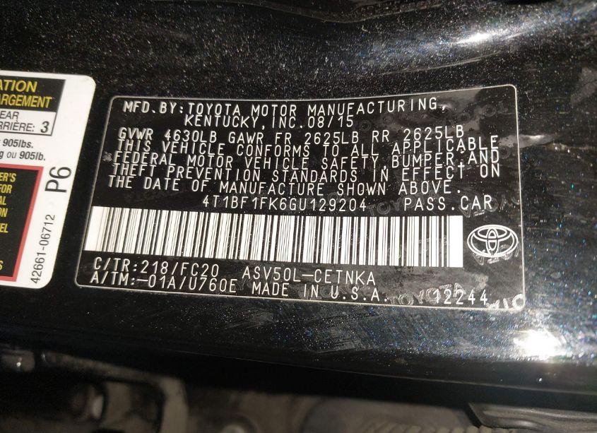 Photo 9 of 2016 Toyota Camry LE (VIN 4T1BF1FK6GU129204)