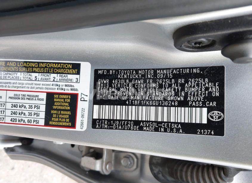 Photo 9 of 2016 Toyota Camry SE (VIN 4T1BF1FK6GU136248)