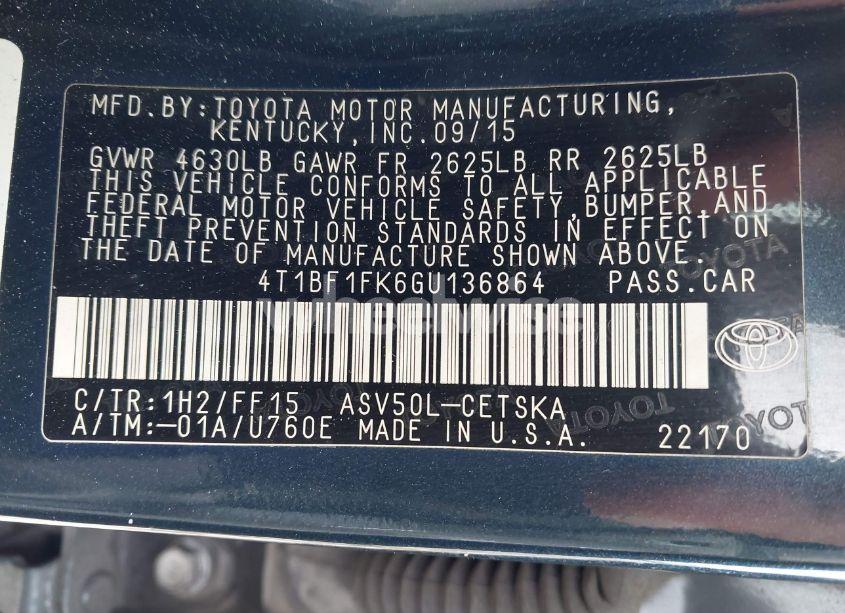 Photo 9 of 2016 Toyota Camry SE (VIN 4T1BF1FK6GU136864)