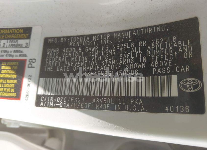 Photo 9 of 2016 Toyota Camry SE (VIN 4T1BF1FK6GU150506)