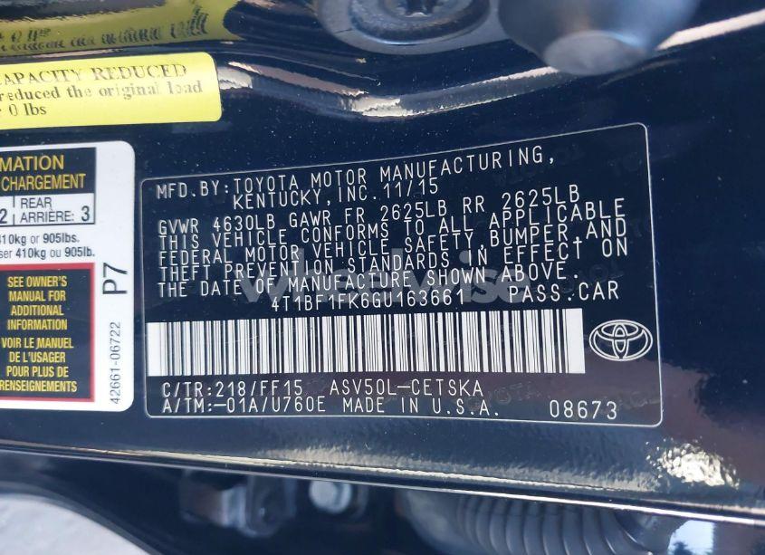 Photo 9 of 2016 Toyota Camry SE (VIN 4T1BF1FK6GU163661)