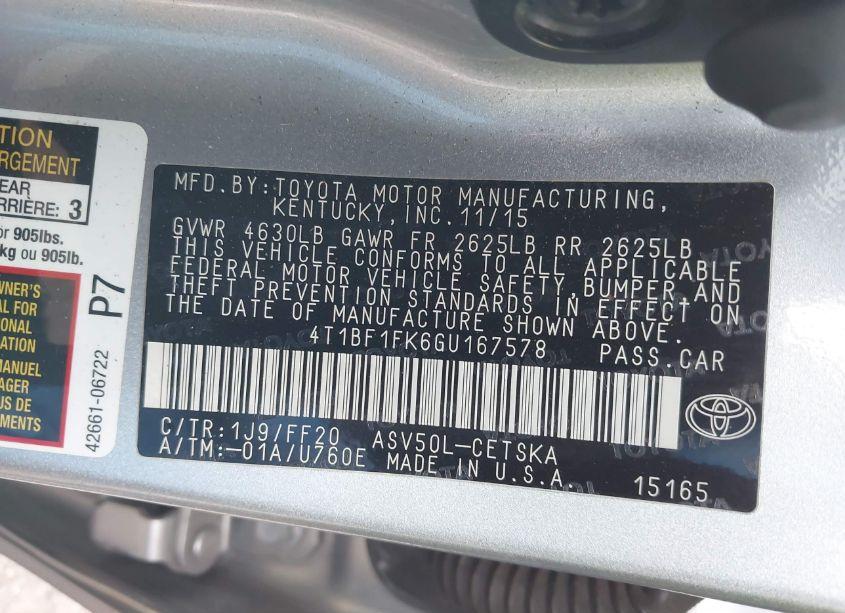 Photo 9 of 2016 Toyota Camry SE (VIN 4T1BF1FK6GU167578)